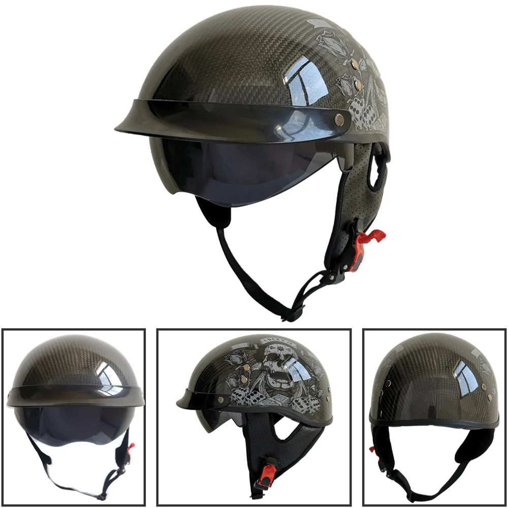 DOT Certificated Carbon Fiber Scooter Motorcycle Half Face Helmet Skull Vintage Half Motobike Helmet with Inner Visor and Scarf