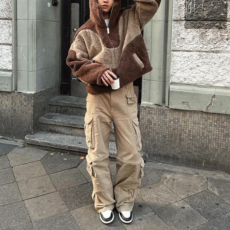 Custom Sherpa Embroidery Logo Streetwear Winter Warm Color Blocked Patchwork Zip Up Fluzzy Fleece Hoodie For Men Manufacturer