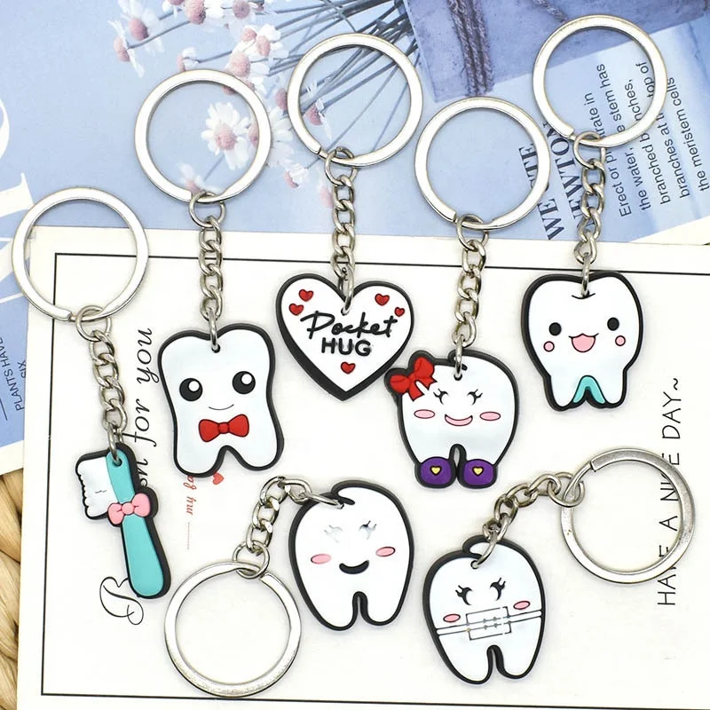 Wholesale PVC Cute Tooth Teeth Dentistry Dentist Enamel Keychains Keyrings Dental Keychain