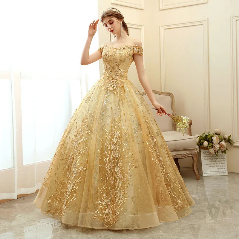Flower Embroidered Banquet Shiny Sequins Plus Size Evening Gowns Long Dress Off Shoulder Gold Wedding Dresses Ball Gown
