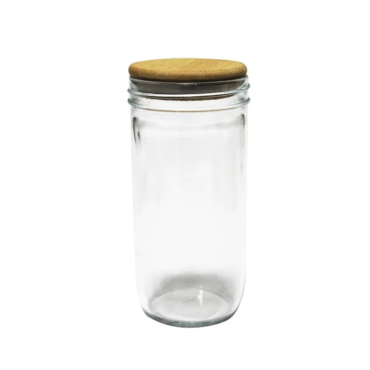 Easy Clean Airtight Wide Mouth Containers Glass Juice Bottles Mason Jar with Bamboo Lid For Boba