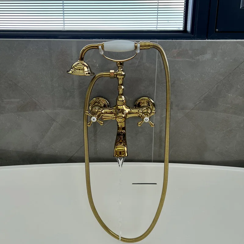 Vintage Copper Gold Bath Faucet Shower Set Double Handle Telephone Hot and Cold Faucet XR6092