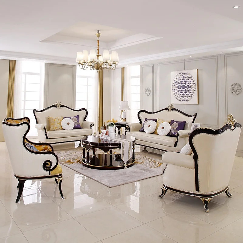 2020 Luxury French Baroque Living Room Set/Royal Palace Antique 3 Seater Classic European Style Leather Sofa