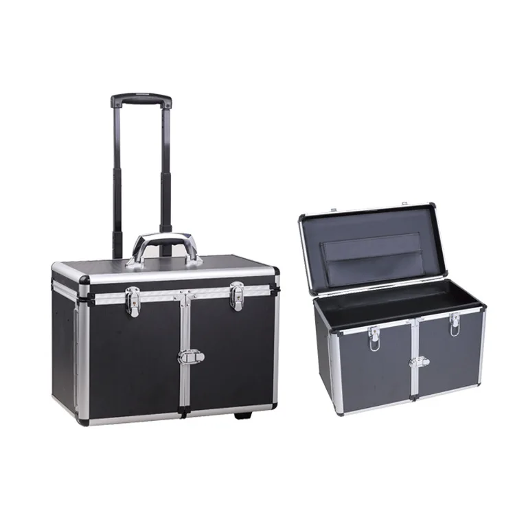 Black Professional Tool Box Rolling Cosmetics Case Trolley Two Hinge Custom Makeup Case
