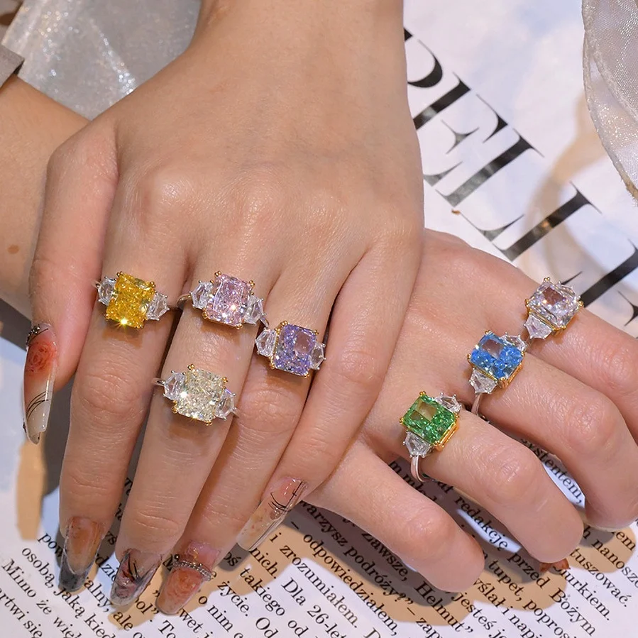 25 Colors Hot Sale Jewelry Wedding Engagement Rings Trendy Rectangular Center 8A Zircon Sterling 925 Silver Ring Pink Women Ring