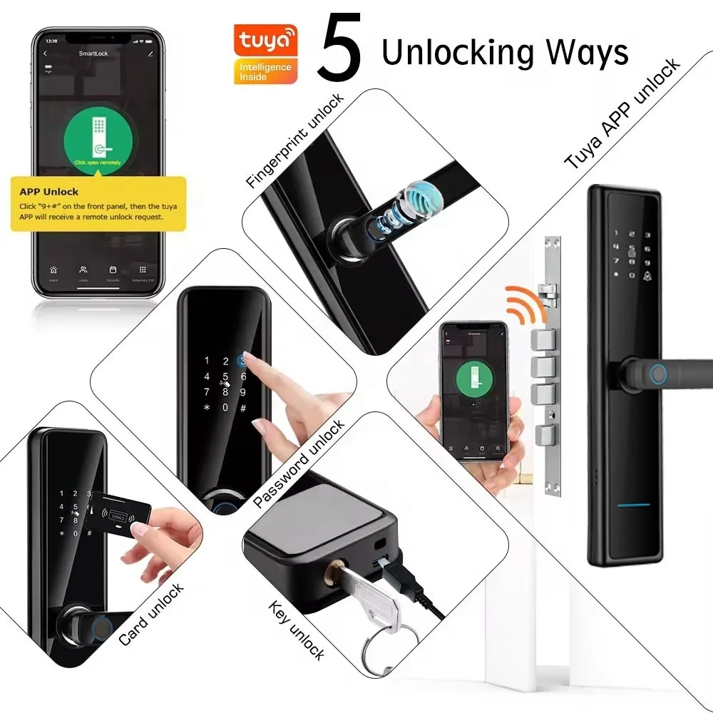 High Recognition Anti-Theft Smart Lock Home Apartment Waterproof Fingerprint RFID Tuya Control IP Network Access WiFi Key Hotels