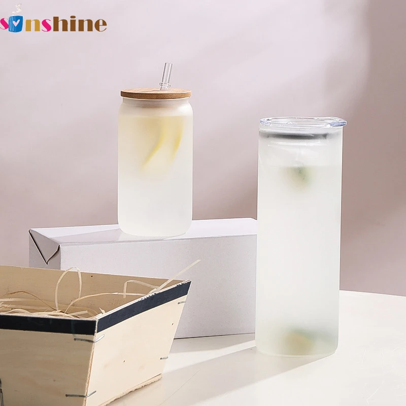 custom 11oz Frosted Blank coffee mugs long drink cups Coke Soda beer Can Shaped sublimation glass cups new with lid