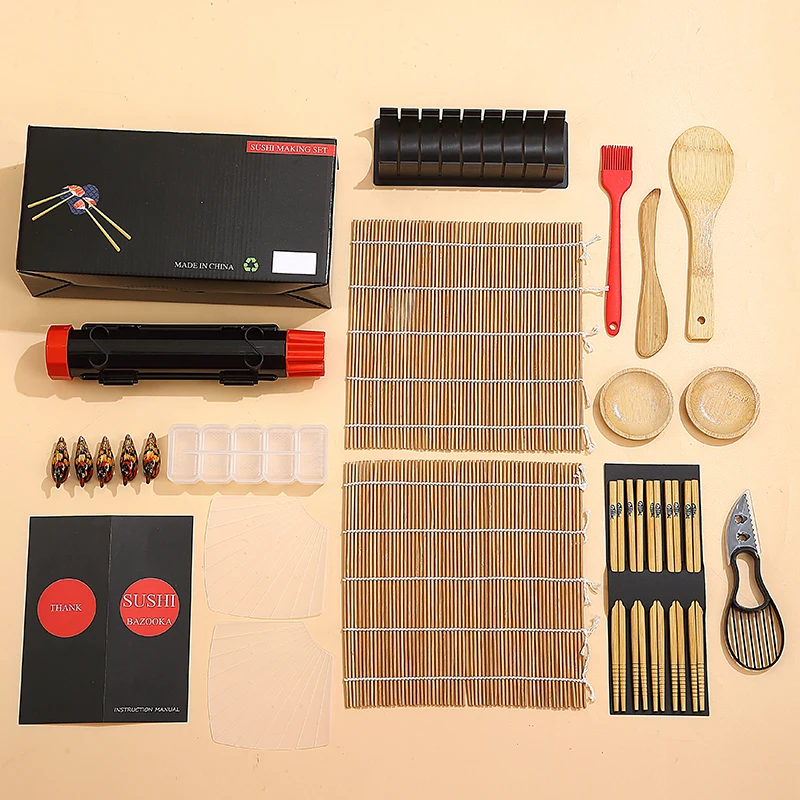 Sushi Making Kit Ideal for Sushi Beginners.26 Pieces Professional Sushi Maker Set with Bazooka Roller, Bamboo Mats and More.