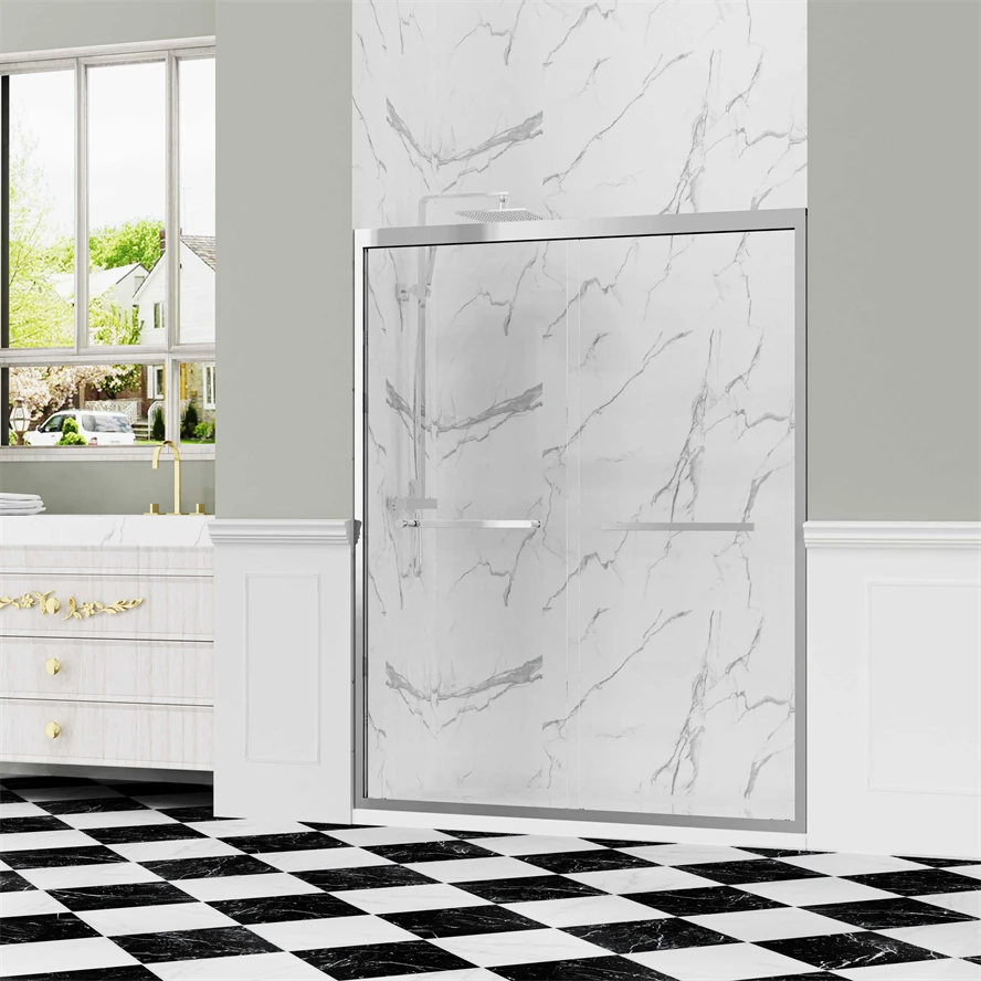 Oumeiga Double Bypass Bathroom Tempered Glass Shower Enclosure 8mm Thick Frameless Black Sliding Shower Door Hotel Shower Panel