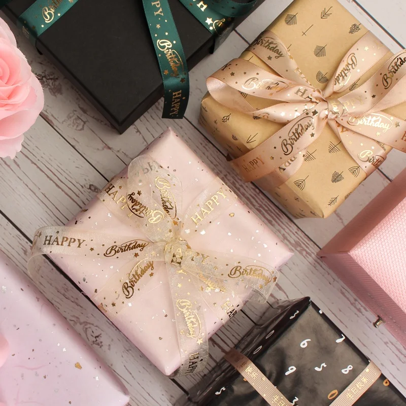 Midi Ribbons Custom Logo Names Roll Sale Double Faced Gold Foil Print Satin Organza Happy Birthday Gift Ribbon