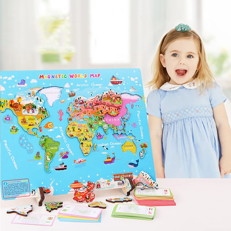 2024 Best Selling Wood 3D Megnet World Map Puzzle Early Educational Geography Cognition Toys For Children Kids Gifts Boys Girls