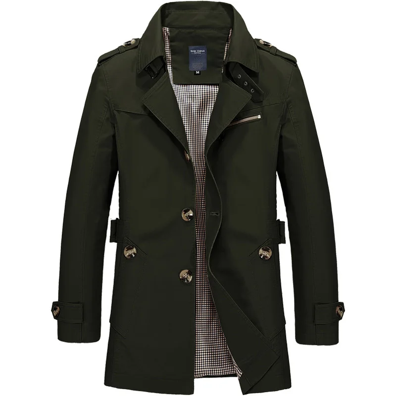 Wholesale Trench Coat Men Casual Business Jackets Pure Color Turn Down Collar Mid-Long Coats Black Beige Color Trenches