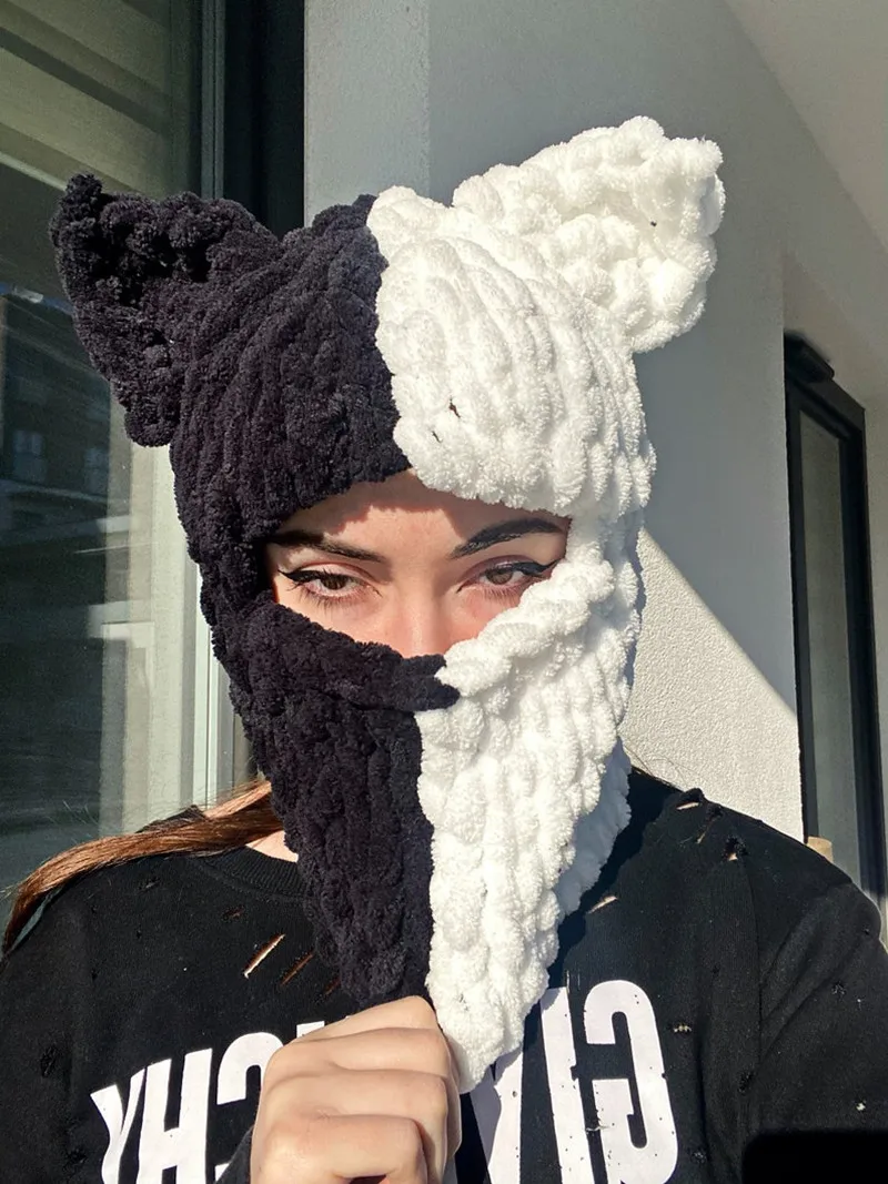 New Handmade Winter Demon Balaclava Hoodie Ski mask Rabbit Ear Girls Woolen Beanie Cap With Neck And Neck Scarf