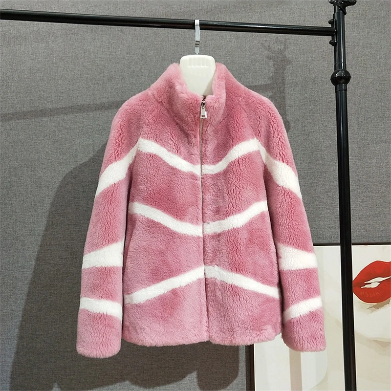JT322 Stripe Design 100% Real Wool Fur Women Oversize Jacket Female Sheep Shearling Overcoat