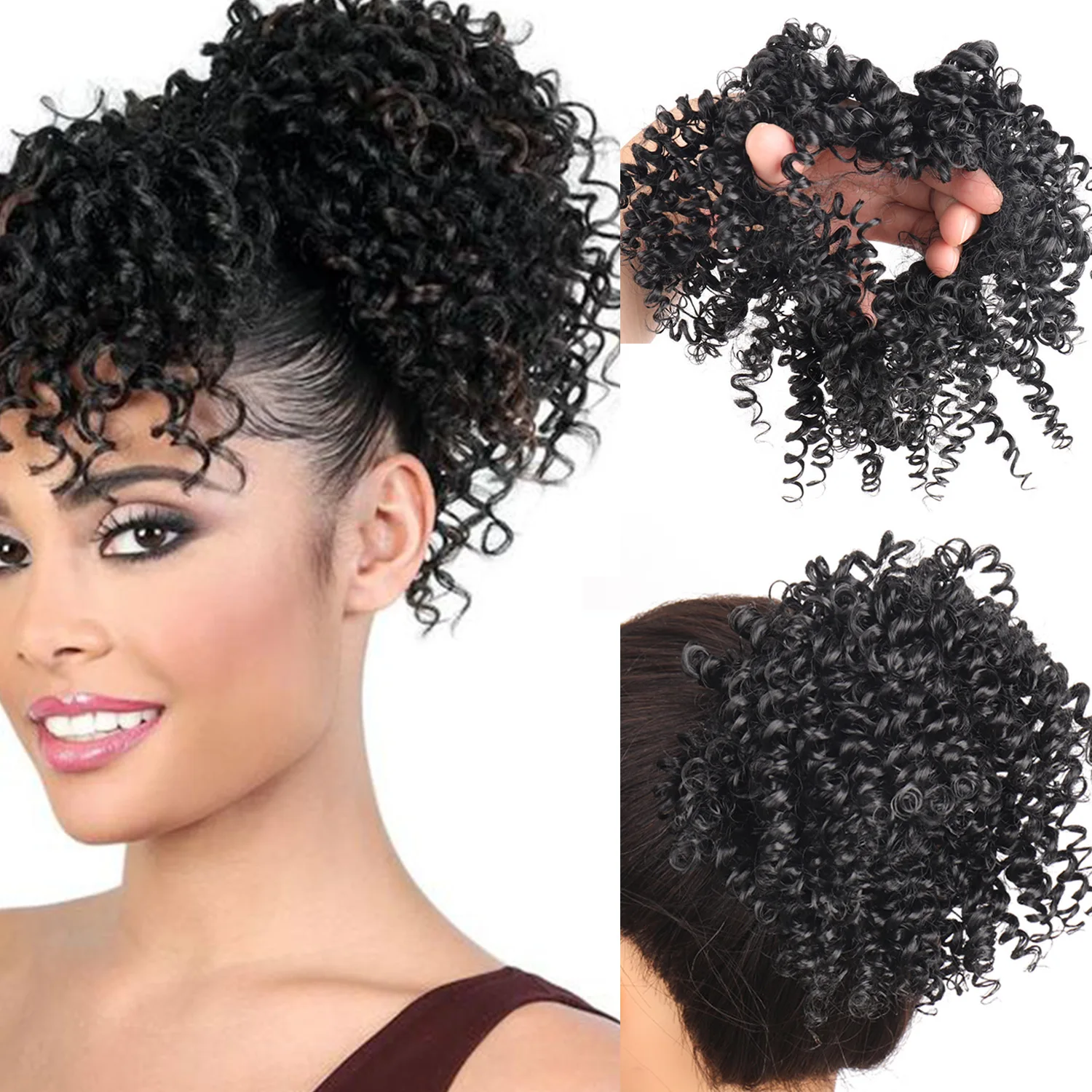 Fluffy Afro Bun Chignon Synthetic Hair for Women Bouncy Curly Ponytail Naturel with Curl Texture
