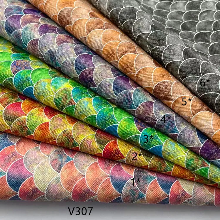 V307 gradient color design scale mermaid style PVC printing faux leather for shoes upper bags craft supplies phone case craft