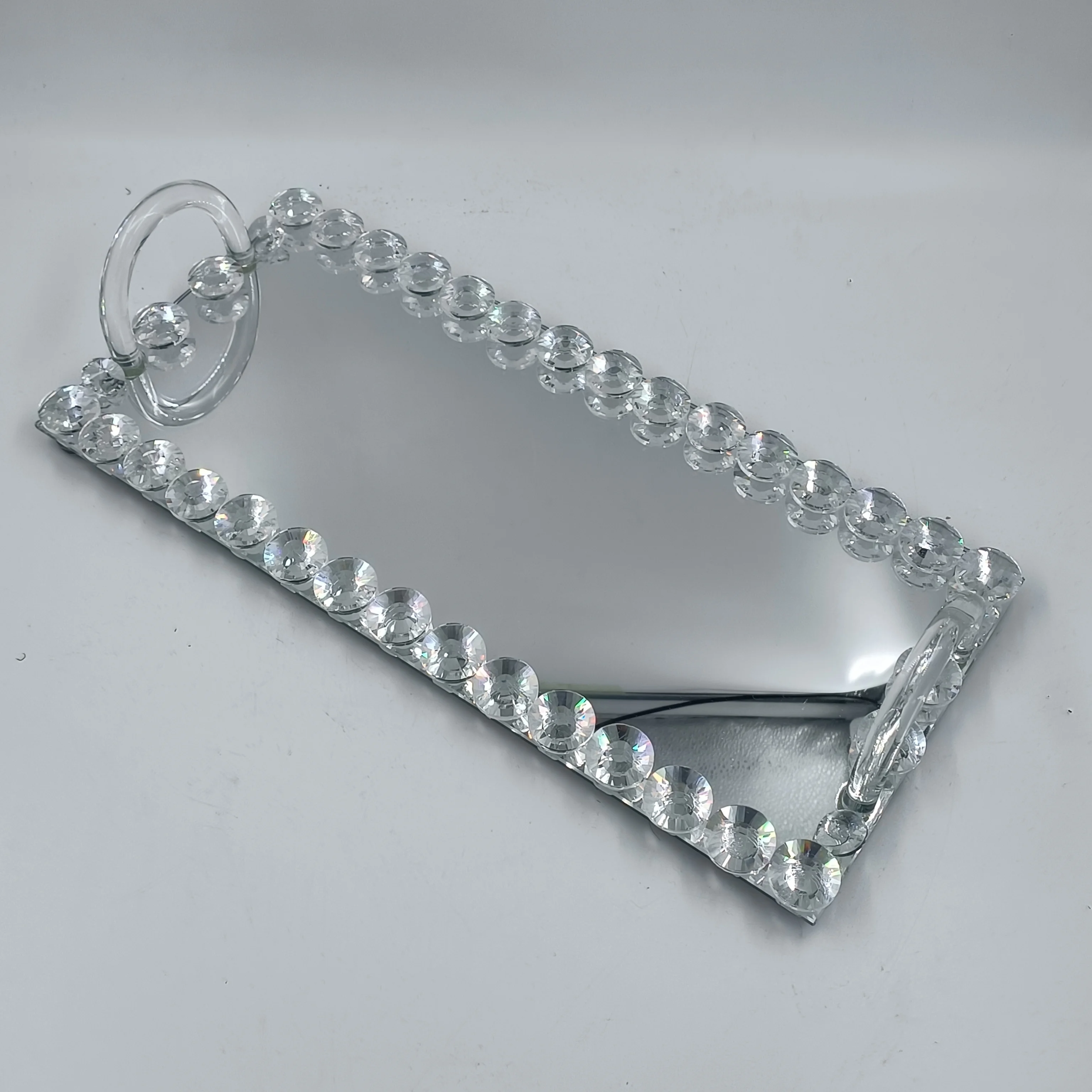 FOSUN glass tray with gold rim big size trays for food sweet cake transparent handle silver dishes display crystal tray