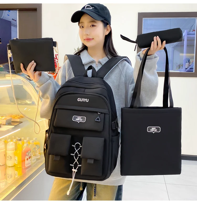 Simple Plain Color Schoolbag Set 4 Pcs Outdoor Waterproof Travel School Backpacks Mochilas Large Capacity Student Bag