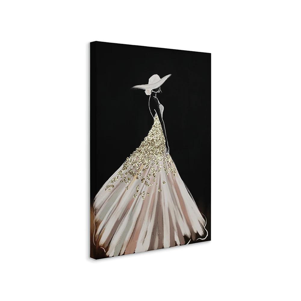 Modern Hand Painted Gold Glitters Dress Stretched Canvas Abstract Figure Artwork Home Decor Print On Canvas Custom Art Prints