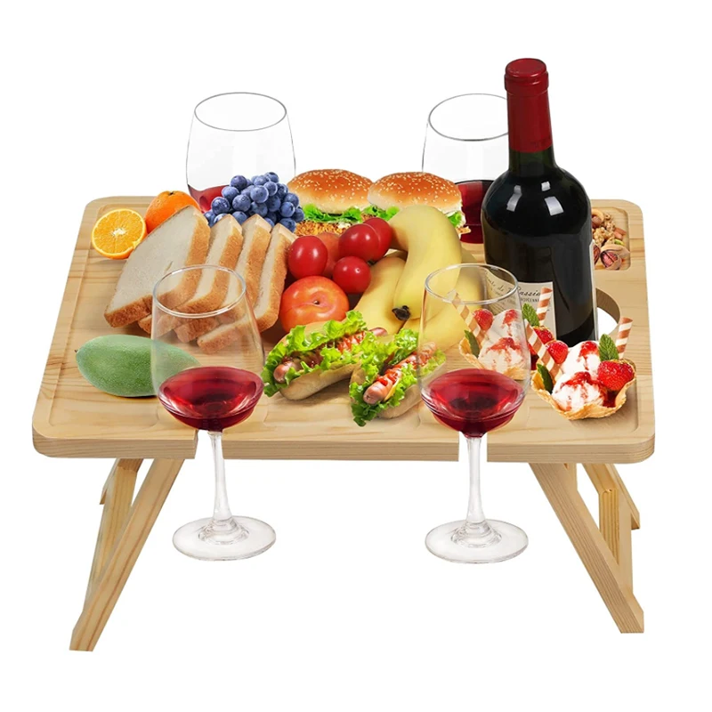 Outdoor Wine Picnic Table Folding Portable Wood Snack Cheese Tray with 4 Wine Glasses Holders