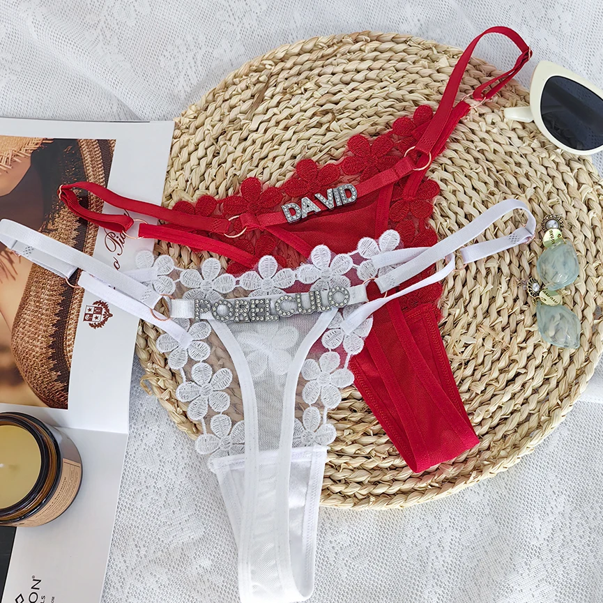 2024 Custom Letter Name Sexy lace Embroidered Underwear Tangas flower Panties with rhinestone letter Thong