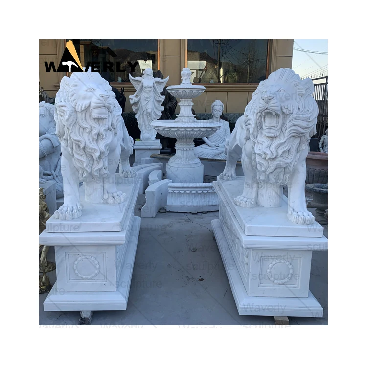 European Style Modern Outdoor Landscape Decoration Stone Lion Statue High End Custom Carved White Pair Of Marble Lion Sculpture