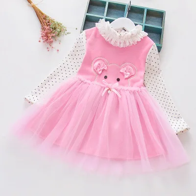 Girls winter one-piece dress Chinese style bear embroidered princess dress plus velvet thickening baby girl skirt