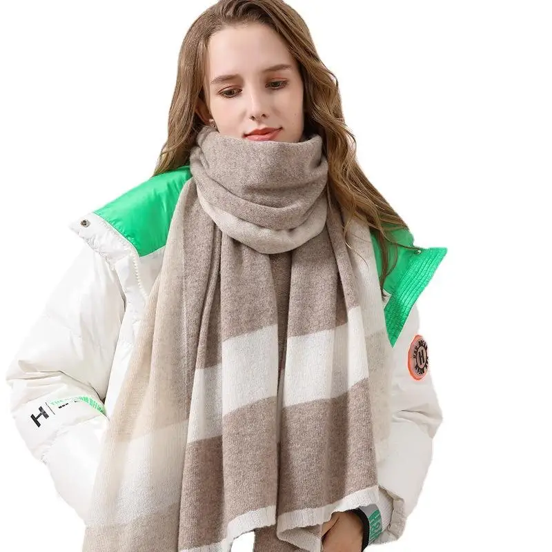 Derong new stripe cashmere wool knit long women scarves 100% merino wool scarf for women