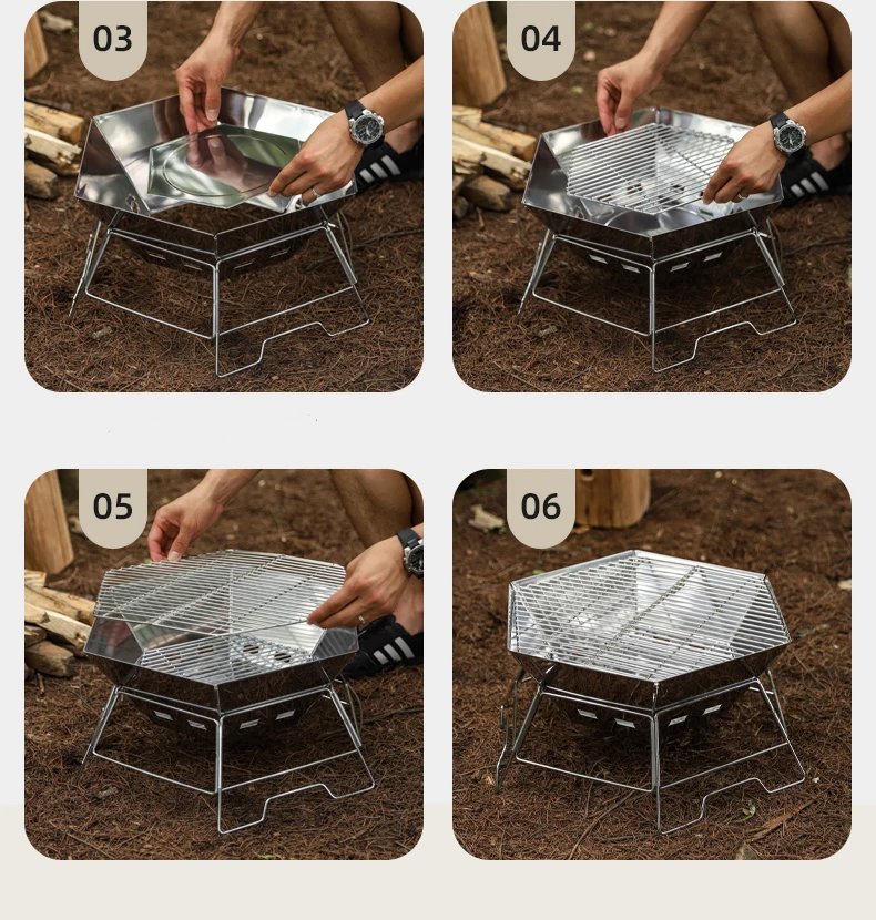 New Style Foldable Stainless Steel Barbecue Grill Wood Fireplace Folding Stove With BBQ Grill Mesh Fire Pit