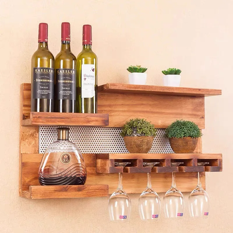 Factory Sale Pine Wood Color Wall-Mounted Wine Shelf Bamboo Bottle Wooden Glass Holder
