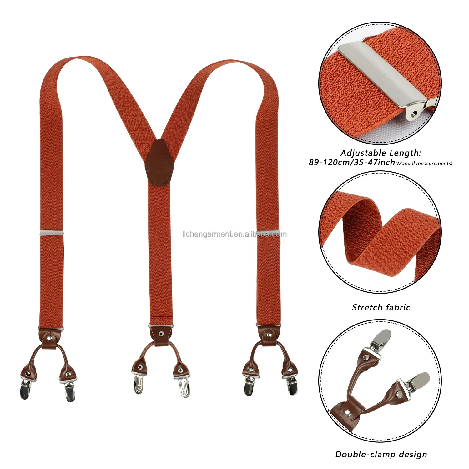 Direct Wholesale Solid Color 3.5cm Y Shape Mens Stylish Leather Suspenders With 6 Strong Clips