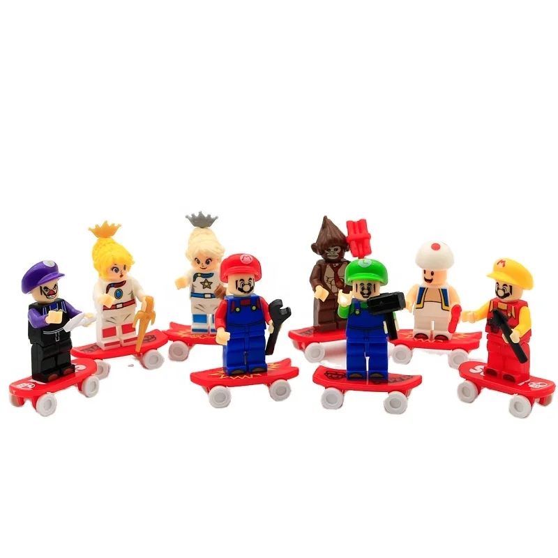 XRH 24pcs/Display box Mario mini Game action figures Super hero Game Battle With Skateboard Blind Box Building Blocks Toys