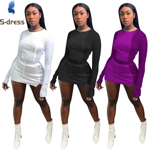
hot sale long sleeve tops mini skirt two piece sets pretty women clothing 
