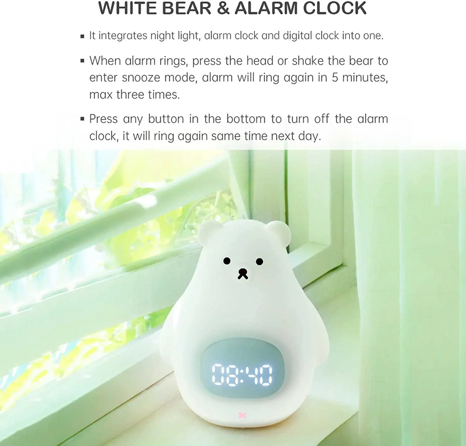 Bear Night Light Cute Kids Alarm Clock Soft BPA-Free Silicone Portable Nursery Lamp Children USB Rechargeable Nightlight