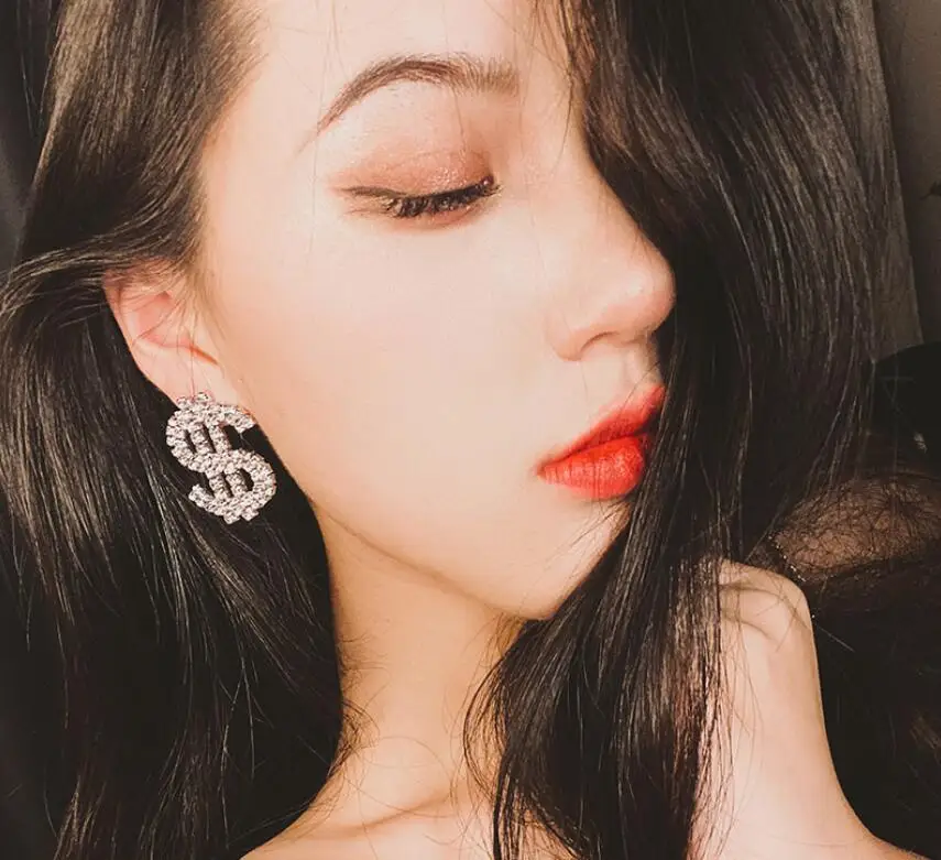 Модные золотые серьги в форме доллара с кристаллами для женщин, оптовая продажа N2011054