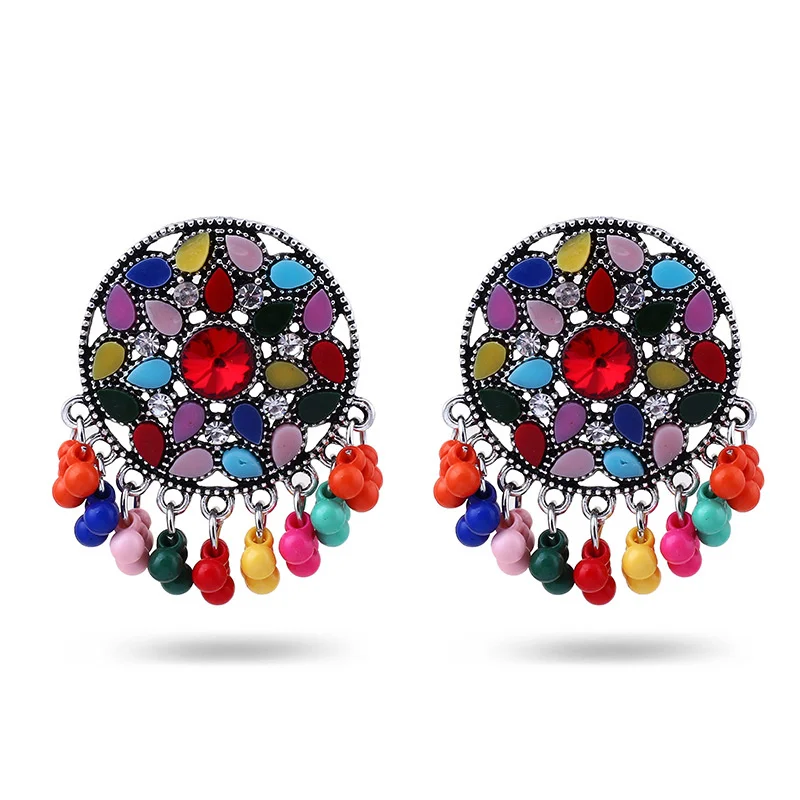 Vintage Bohemian Ethnic Carved Flower Turquoise Tassel Earrings Gypsy Party Jewelry Indian Mexican Earrings