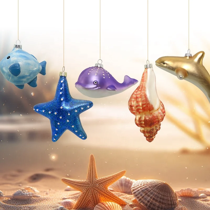custom made BSCI factory novelty gifts christmas decoration supplies fish shell star animal figurine glass ornament