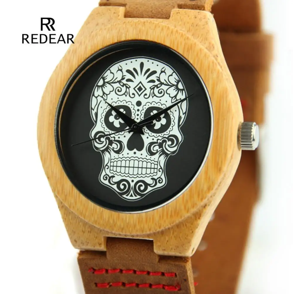 Redear  SJ1448 New Skull Collection Natural Wood Watches Men Leather Lovers Luxury Wristwatch Women