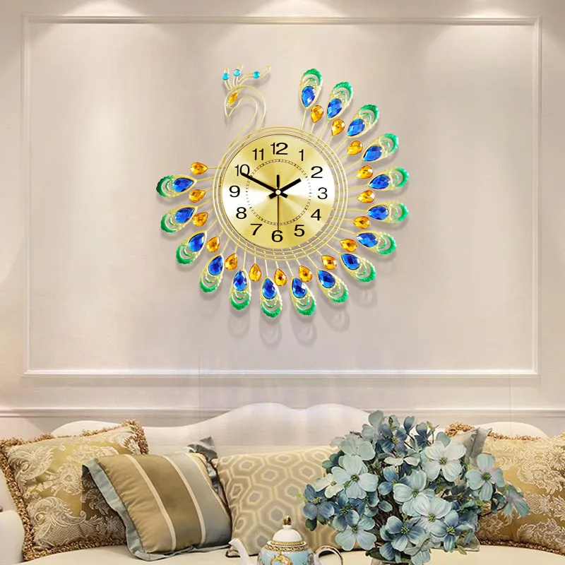 European style peacock wall clock, living room clock, modern decoration, silent wall hanging