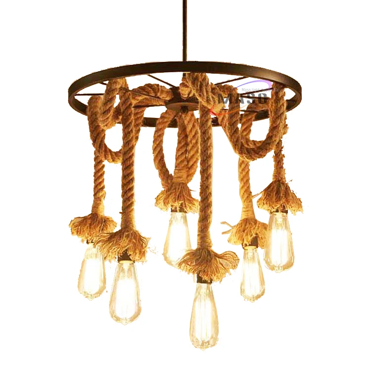 Antique Finish American Farmhouse Retro Hemp Rope Chandelier Pendant Lamp Industrial stylish Decoration Warm Model Project Light