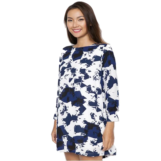 Summer Casual Dress Pattern Printing Round Neck Long Sleeve Ladies Official Dress Made in Vietnam