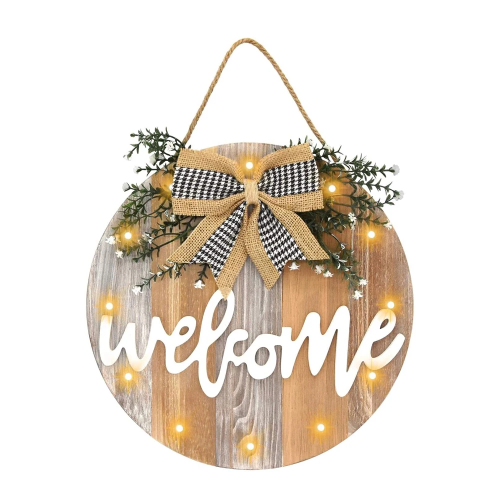 Christmas Welcome Sign Front Door Decor Farmhouse Front Porch Decor Rustic Wooden Wall Sign with 12 LED Lights