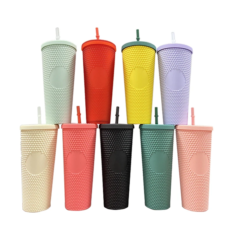 2021 New Custom Logo Double Wall Studded Cups Matte Black Pink Multicolor Grid Plastic Matte Studded Tumbler