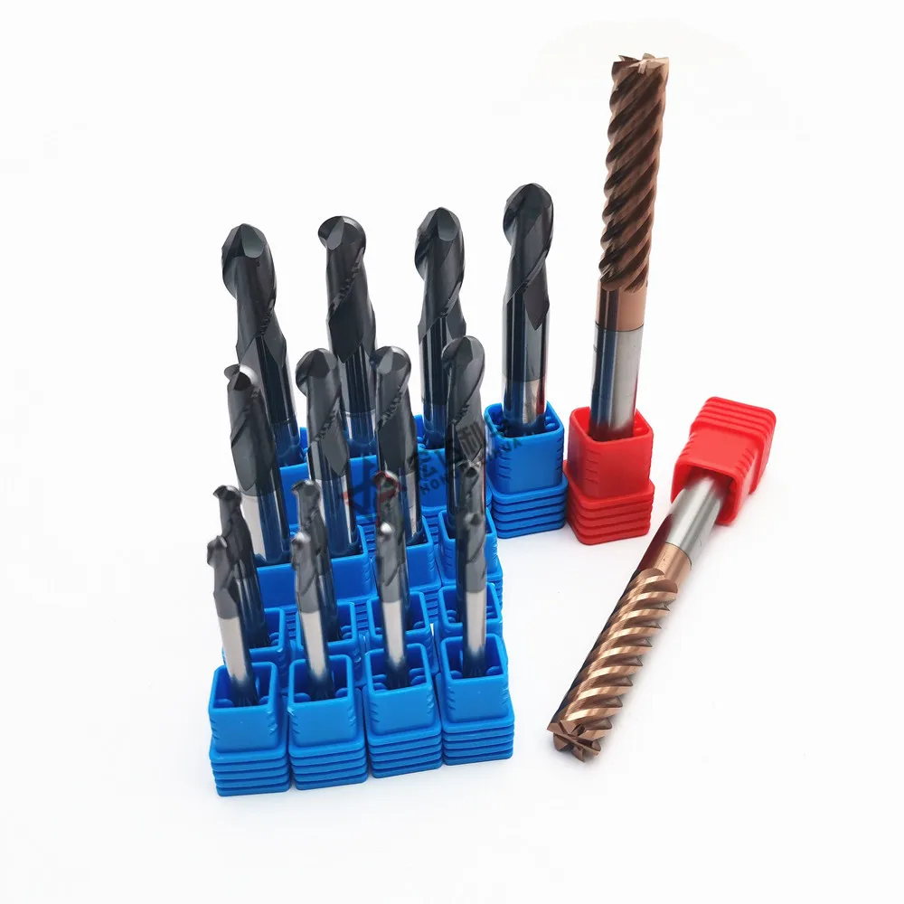 2 Flute HRC45 55 65 Ball Head Shank CNC Milling Cutter Sets Tungsten Steel Cut Bits Round Nose End Mill
