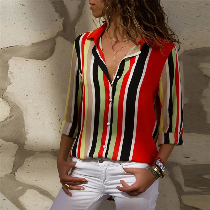 
Striped V-neck long-sleeved blouse woman tops fashionable blusa 
