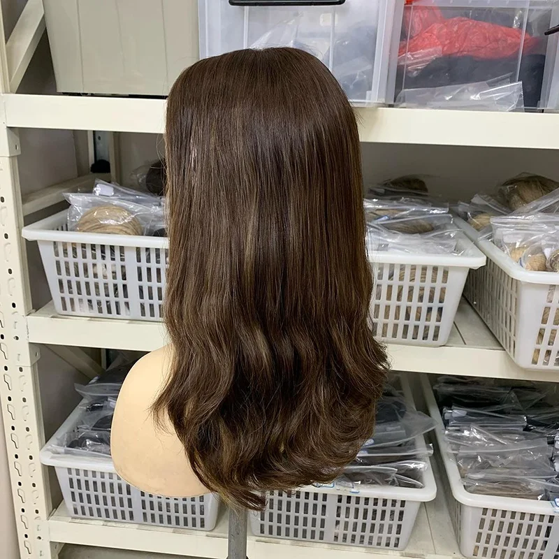 Factory Price European Virgin Hair Lace Top Jewish Wig Ash Brown with Highlight for Woman