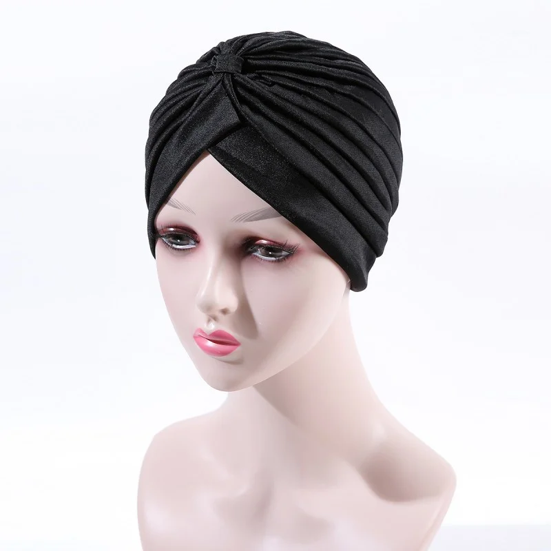 Indian Arab Stretch Jersey Soft Turban Hat African Solid Color Turban Head Wrap Double Layer Elastic Chiffon Instant Hijab