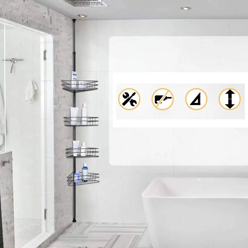 4 Tier Metal Bathroom Telescopic Corner Shower Shelf Caddy Pole Wall Rack Storage Organizer