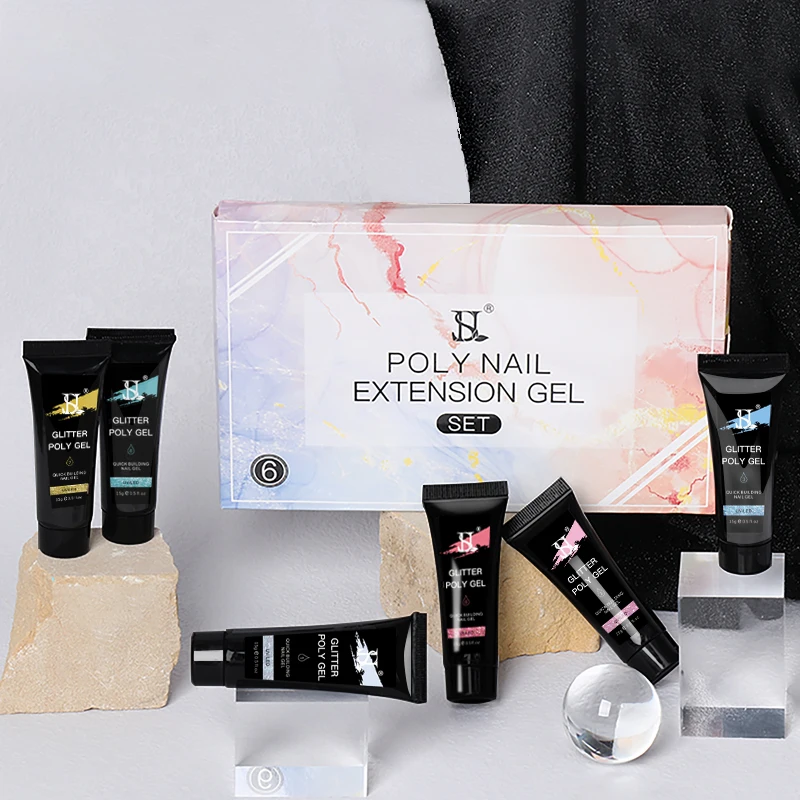 HS Custom Logo 6-Color UV Poly Nail Gel Extension Kit 15ml for Art Salon DIY OEM/ODM Services Available