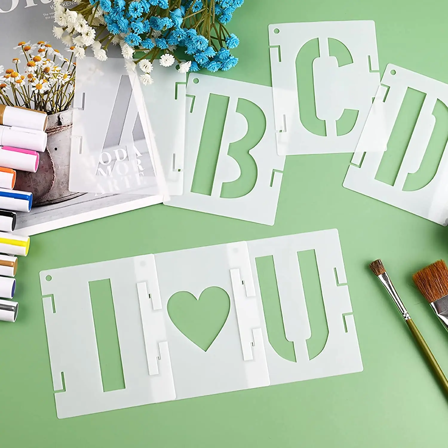 Letter Stencils and Number Stencils 3 Inch,Plastic Interlocking Alphabet Letter Templates Number Symbol Craft Stencils Kit for P